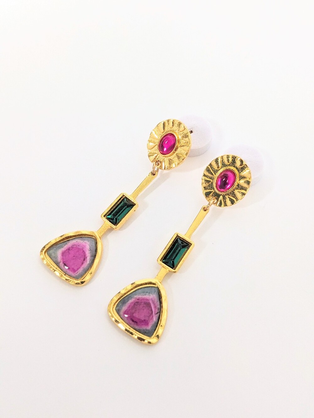 Gold Drop Earrings with Pink and Green Accents - Picture 2 of 3